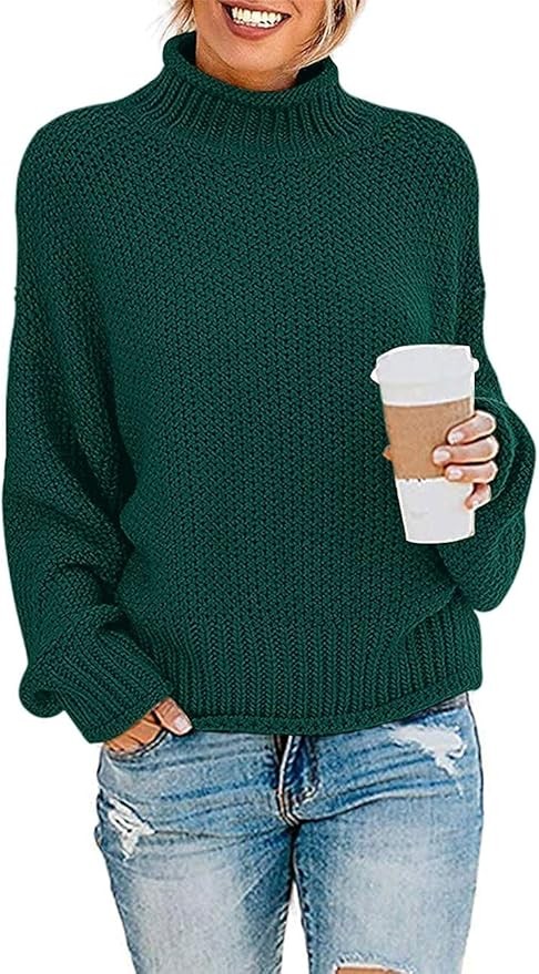 Damen Rollkragen Oversize Pullover Grobstrick Langarm Winter Oberteile, Weinrot