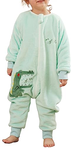 feoya kinder schlafsack mit ärmeln flanell pyjama cartoon tier kostüm grün 4-5 jahre