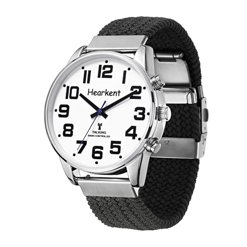 Hearkent sprechende uhr für sehbehinderte und blinde, große zahlen, selbsteinstellend, herrengröße, nylon schwarz