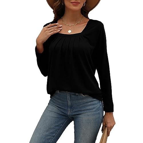 xuepelit damen langarmshirt plissiert elegant tshirt für frühling herbst schwarz, m