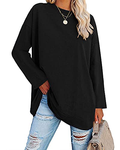 ebifin oversize langarmshirt damen, langarm t-shirt, rundhalsausschnitt, schwarz, L