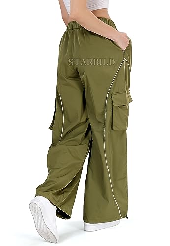 parachute hose grün y2k baggy mit elastischen knöcheln und multi taschen, relax-fit, xl