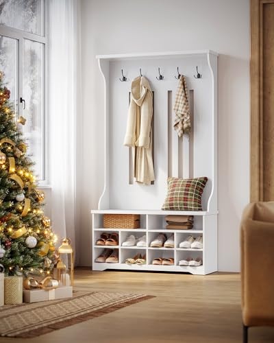 vasagle garderobenständer mit schuhbank, freistehend, 5 haken, wolkenweiß