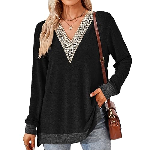 meeQee damen pullover langarmshirt tief v-ausschnitt spitze farbblock mit seitenschlitz