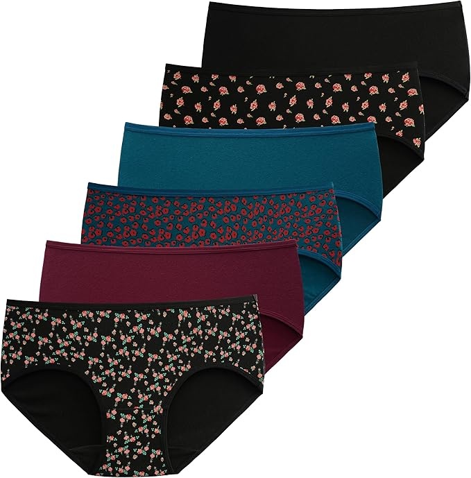 Produktbild: Baumwoll Slips Damen Hipster Unterwäsche Mehrpack 6 (XL/44 EU, 3 Blumen/3 Einfarbig)