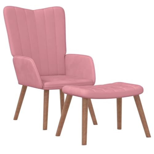 Relaxsessel mit Hocker, Polsterstuhl mit Armlehnen, Rosa Samt, Stahlrahmen Holzbeine