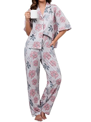famulily damen pyjama set kurzarm nachtwäsche baumwolle loungewear beige mit taschen M