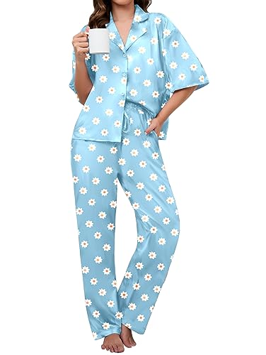 famulily damen pyjama outfits 2 stück kurzarm schlafanzug lounge wear blau l