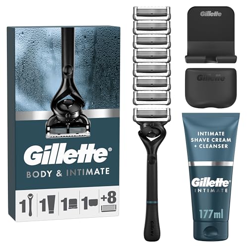 gillette intimrasurset für männer, rasierer + 8 klingen + 2-in-1 creme + duschhalter & reisetasche
