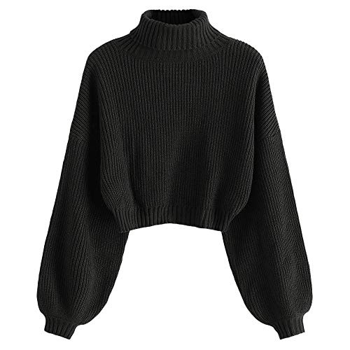 Produktbild: Strickpullover Damen Rollkragen Cropped Langarm Laternenärmel Turtleneck Schwarz XL