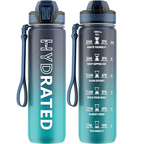 Produktbild: qlur trinkflasche 1l bpa-frei mit strohhalm und zeitmarkierung, auslaufsicher, sportflasche