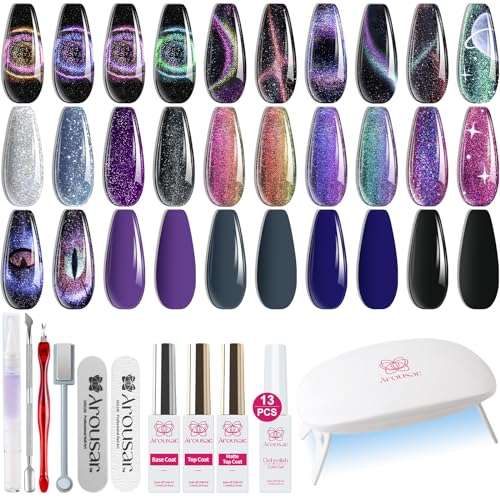 Arousar Cat Eye Gel Nagellack Set 9D, 16pcs Chamäleon Schwarz Lila Glitzer