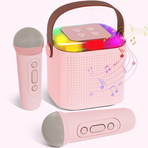 karaoke maschine kinder geschenk rosa, tragbarer bluetooth lautsprecher mit mikrofonen und led-lichtern