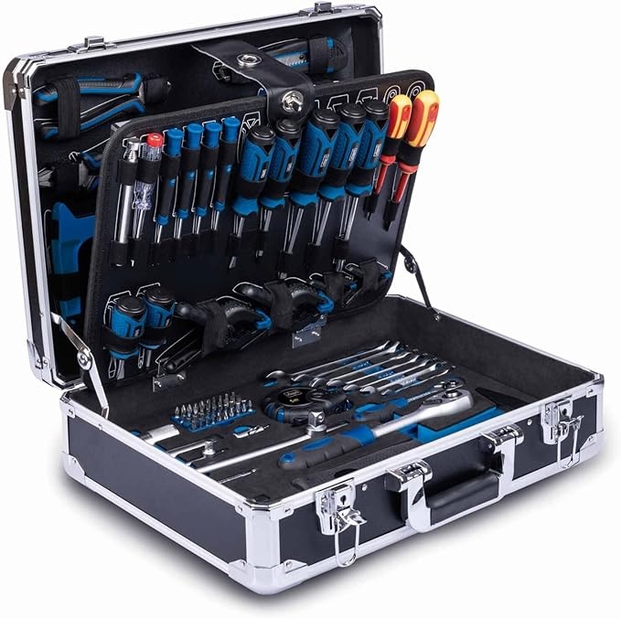 scheppach tb200 werkzeugkoffer 141-tlg aluminium set gefüllt werkstattkoffer
