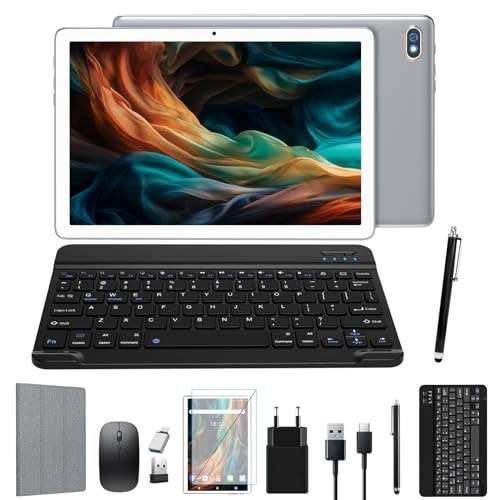 2024 Android Tablet 10,1" Touchscreen, 5G, Octa-Core, 128GB ROM, 7000mAh, 13MP, GPS, mit Tastatur und Stift, Silber