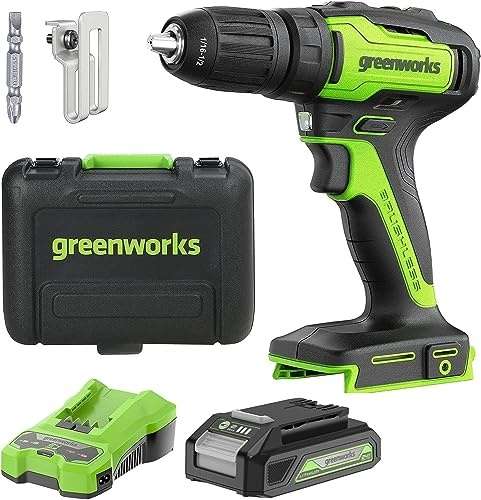 akku-bohrschrauber greenworks 24 v, 35 nm, bürstenlos, 18 drehmomentstufen, 13 mm futter, 2-gang, inkl. akku und ladegerät