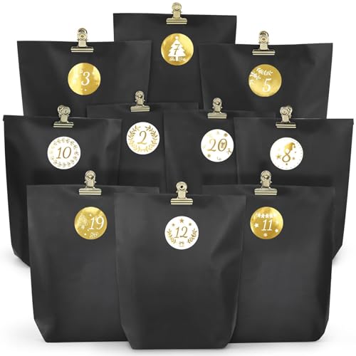 adventskalender zum befüllen schwarz gold, hausprofi 24 diy papiertüten mit stickern und clips