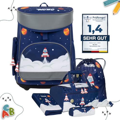 muwo kinder schulranzen set 5tlg leicht ergonomisch mit sporttasche weltraum design