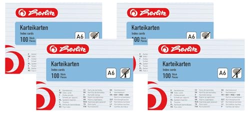 herlitz Karteikarten A6 liniert weiß 100 Stück Packung mit 4