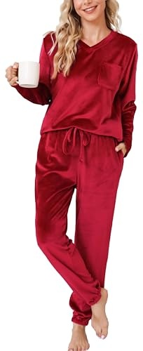 vlazom langarm schlafanzug flanell pyjama set winter zweiteilig - weinrot, L