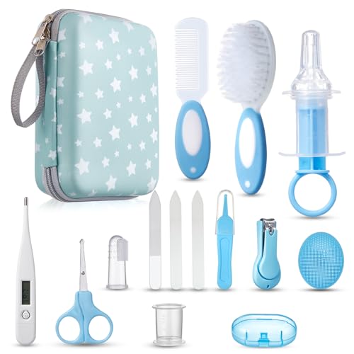 Produktbild: lichtin baby pflegeset 15 teilig, neugeborene babypflege mit thermometer, nagelscheren, bürste, kamm, fingerzahnbürste, hellblau