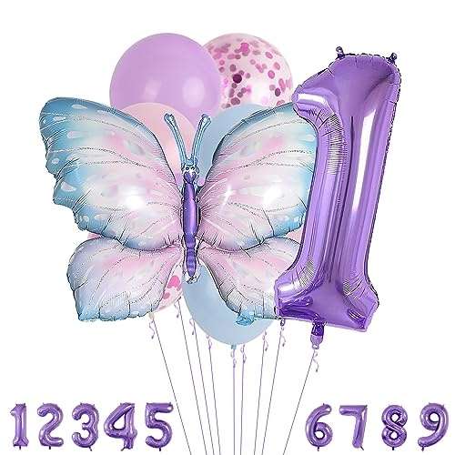 zahl 1 folienballon set mit tier deko, blau lila schmetterling kindergeburtstag deko