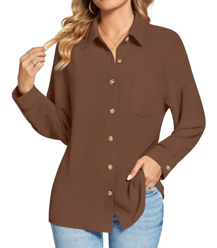 findsweet damen oversize button down langarm shirts bluse mit tasche für büro