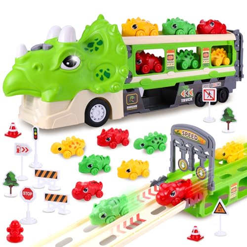dinosaurier auto spielzeug mit lkw-autotransporter und 6 rennwagen für kinder 3-6 j. von jizzu