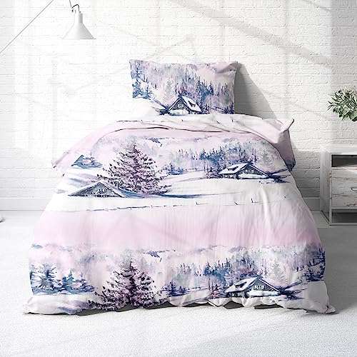 träumschön flannelette bettwäsche set 2-teilig 155 x 220 cm pink winterlandschaft 100% baumwolle