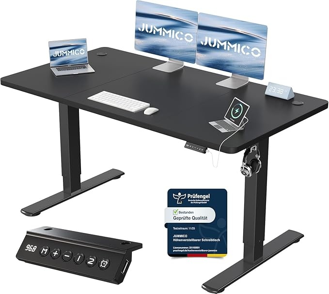 Höhenverstellbarer Schreibtisch elektrisch 140x60 cm mit USB, Schwarz