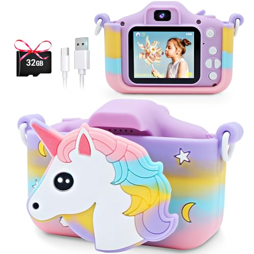 kinderkamera 1080p hd mit 32gb sd-karte, poso einhorn kamera für 3-10 jahre