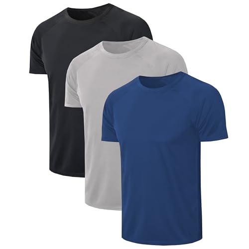 sport tshirts herren 3er pack schnelltrocknend atmungsaktiv yushow kurzarm schwarz grau marineblau L