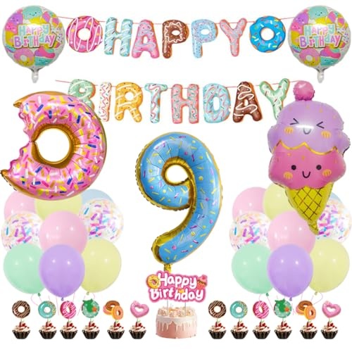 guoguonb 9. geburtstag party deko balloon topper donut eiscreme cupcake banner kinder