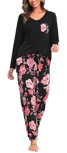 wikoan damen schlafanzug winter langarm pyjama set zweitler v-ausschnitt schwarz/blume S