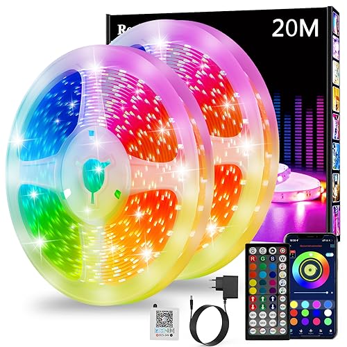 rgb led strip 20 m, bluetooth selbstklebend, fernbedienung, musik-synchronisation, dimmbar