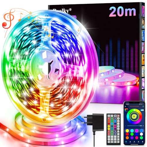 led strip 15m rgb mit fernbedienung und app, bluetooth musik sync, dimmbar, selbstklebend