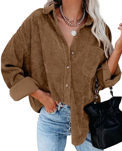 qixing damen oversized hemdenjacke corduroy v-ausschnitt langarm jacke mit tasche