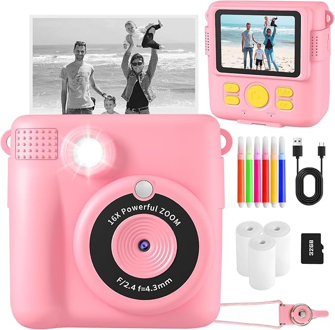 kinderkamera 1080p sofortbildkamera mit 16x zoom, 32gb tf karte, druckpapier, geschenk für mädchen 3-12 jahre