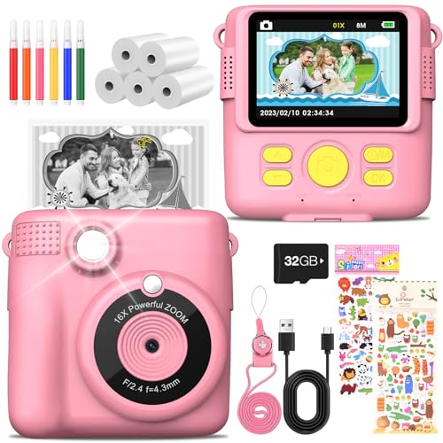 children's kamera 1080p digital camera mit 2.4 zoll bildschirm pink, 5 rollen papier, 32gb karte