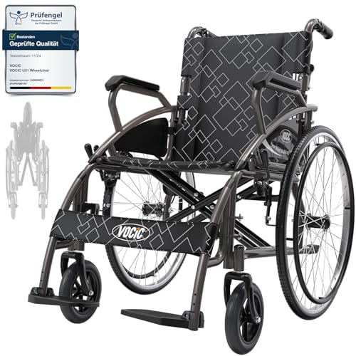 wheelchair faltbar leichtgewicht bis 150 kg mit doppeltbremse, vocic u31 grau