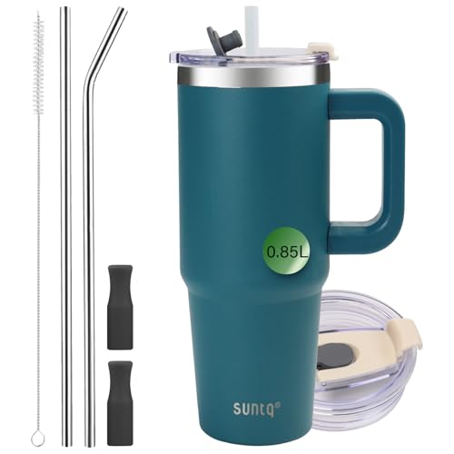 SUNTQ 850ml Tumbler mit Griff, doppelwandige Vakuum Isolierte Edelstahl Trinkflasche Grün