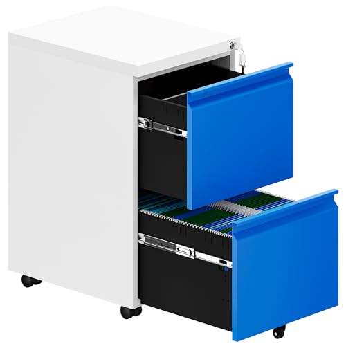 yitahome rollcontainer mit abschließbaren schubladen, mobiler aktenschrank, weiß-blau, 51 x 39 x 71 cm