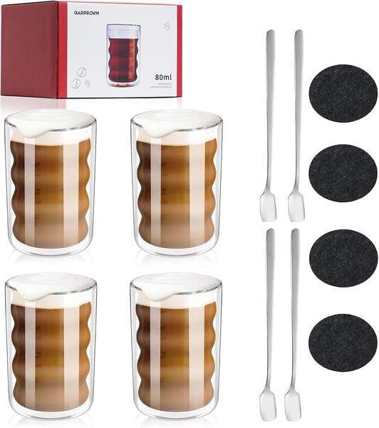 garprovm espressotassen set 4er glas 80ml doppelwandig latte macchiato mit löffeln und untersetzern