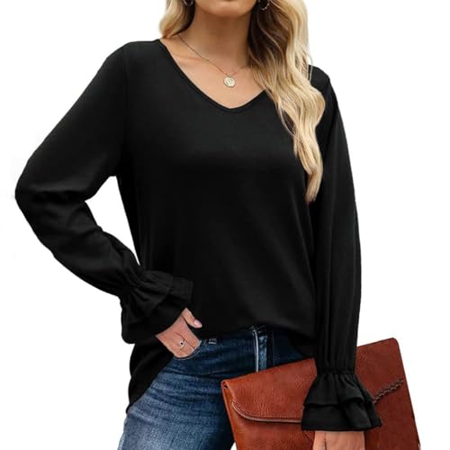meeQee damen langärmliges top mit v-ausschnitt und ausgestellten ärmeln, lose bluse