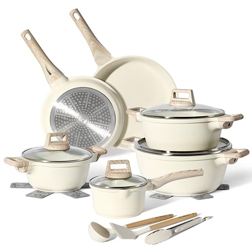 JUST PERFECTO 15-teiliges Induktion Topf und Pfannenset, ohne PTFE/PFOA, beige, mit Deckel