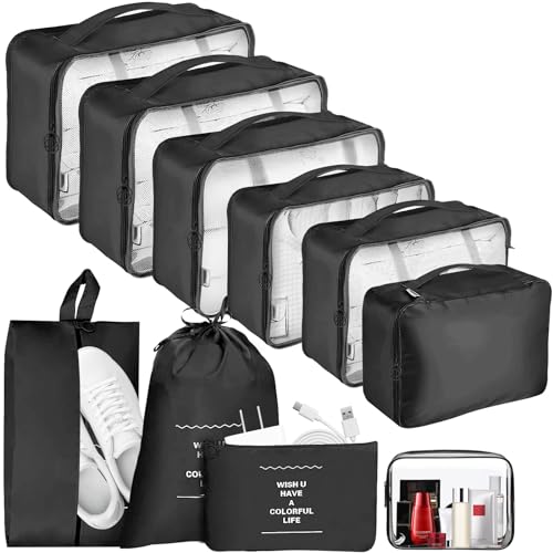 koffer organizer packwürfel für kleidung 10-teiliges set mit kosmetiktasche und schuhbeutel schwarz