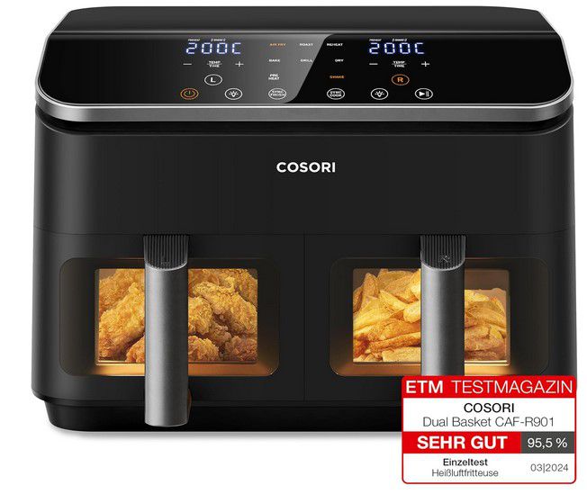 COSORI CAF-R901 Heißluftfritteuse 8,5L Doppelkammer für 137,99€ (statt 155€)