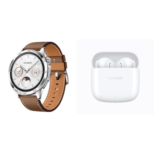 huawei watch gt 4 46mm smartwatch, gps, spO2, akkulaufzeit bis 2 wochen, braun, freebuds se 2