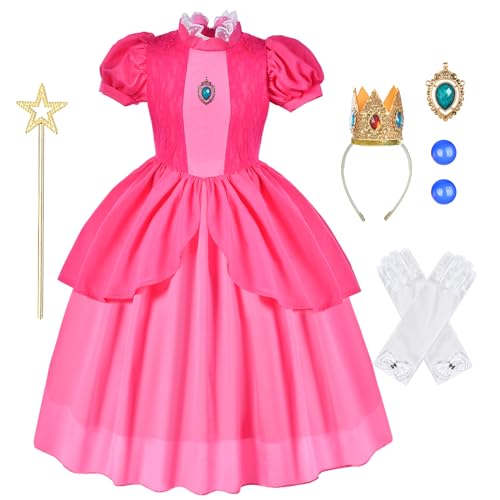 aomig princess peach kostüm rosa 6-teilig mit krone ohrringen handschuhen zauberstab