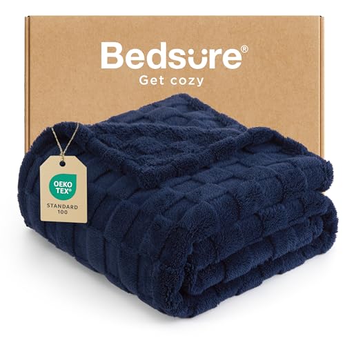bedsure flauschige kuscheldecke marine blau 130 x 170 cm, fleece wolldecke schachbrettmuster